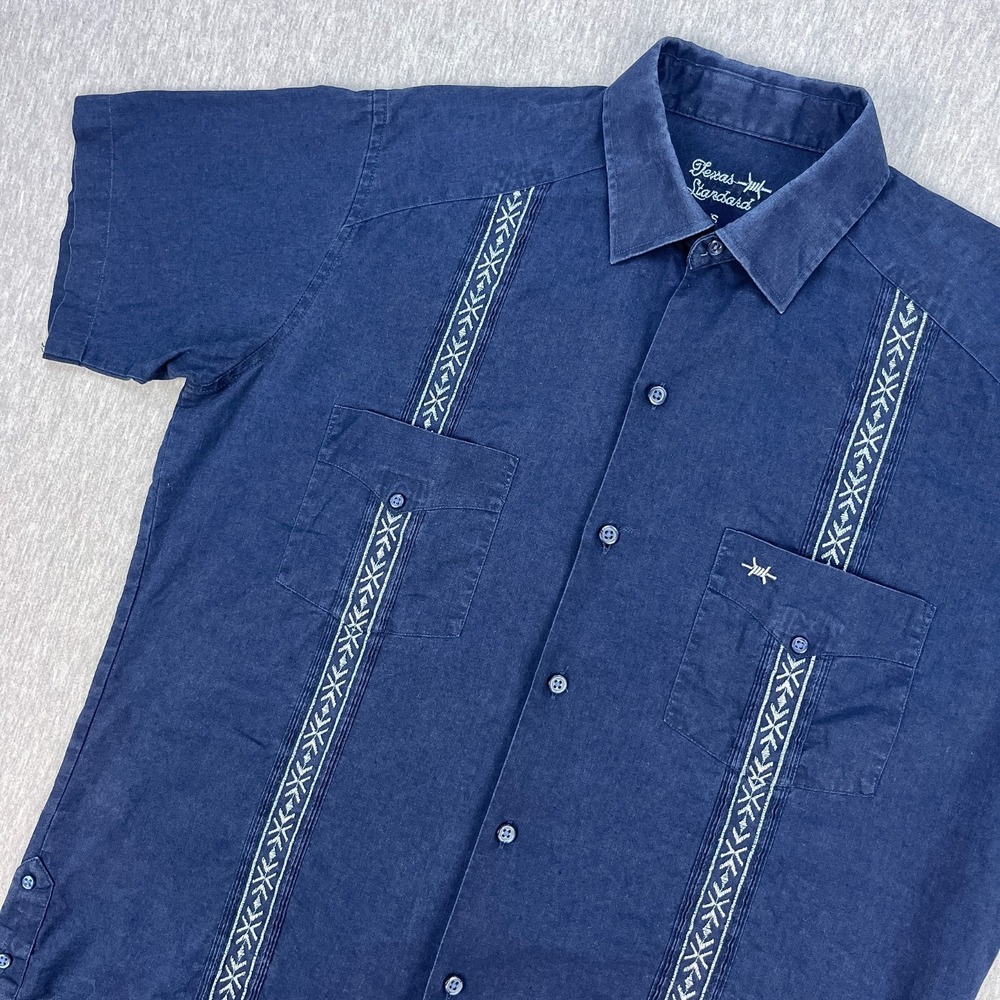 Texas Standard Tejas Guayabera Shirt Mens S Blue Short Sleeve Linen/Cotton